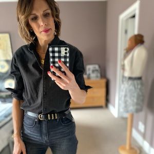 Madewell faded black denim oversized boyfriend button down shirt.